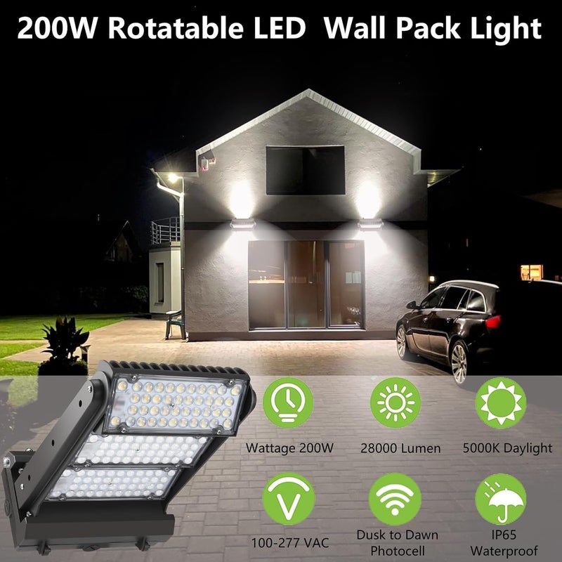 ECCFUTLL Dusk to Dawn 200W Rotatable LED Wall Pack Light, 5000K 28000LM 800-1000W HPS/HID Equiv, ETL Adjustable Head Outdoor LED Wallpack Lighting Fixture for Area Light, Parking, Garages,Warehouse,Entrance - Image 2